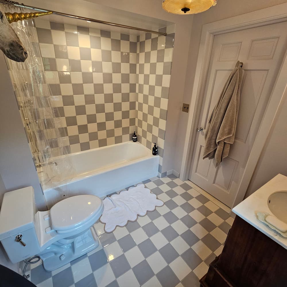 Checkerboard porcelain tile installation, NYC